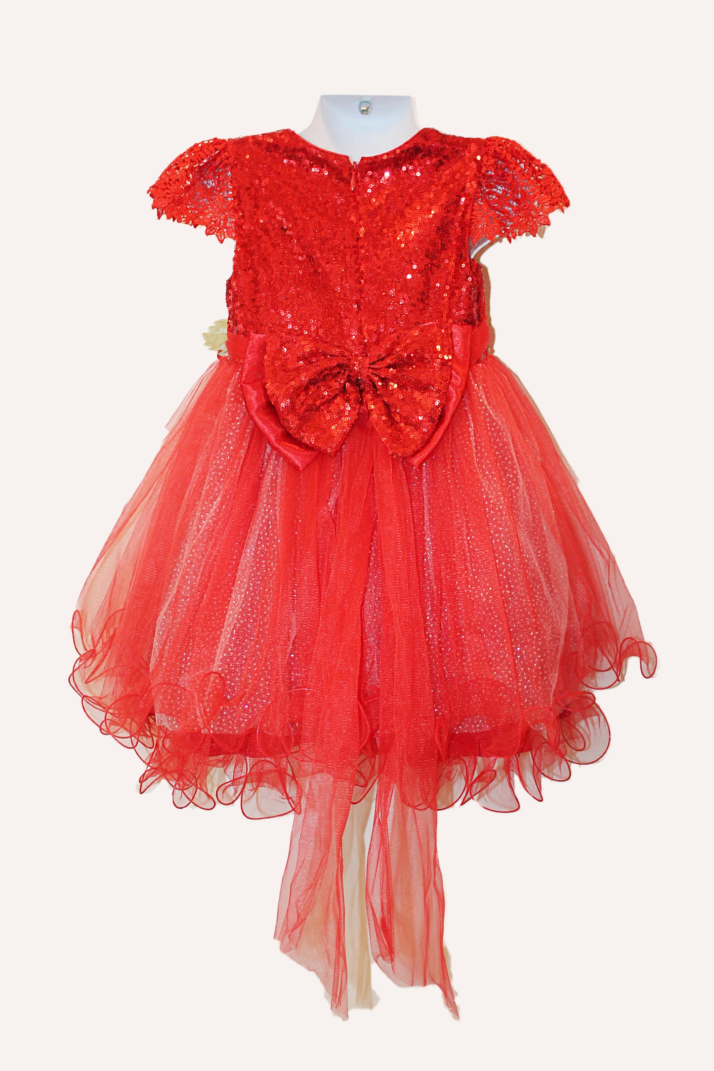 Classic Red Sparkly Flower And Pearls Lace Girl Dress