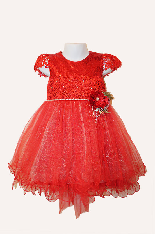 Classic Red Sparkly Flower And Pearls Lace Girl Dress