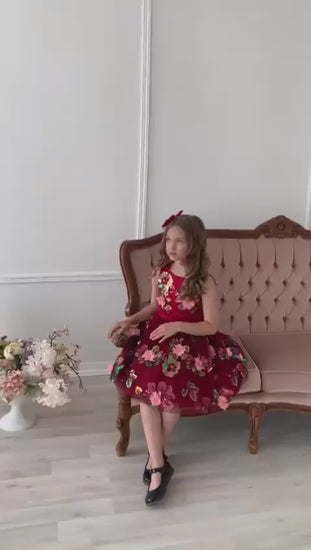 Floral Red Bow Tie Chic Sleeveless Toddler & Girl Dress Set