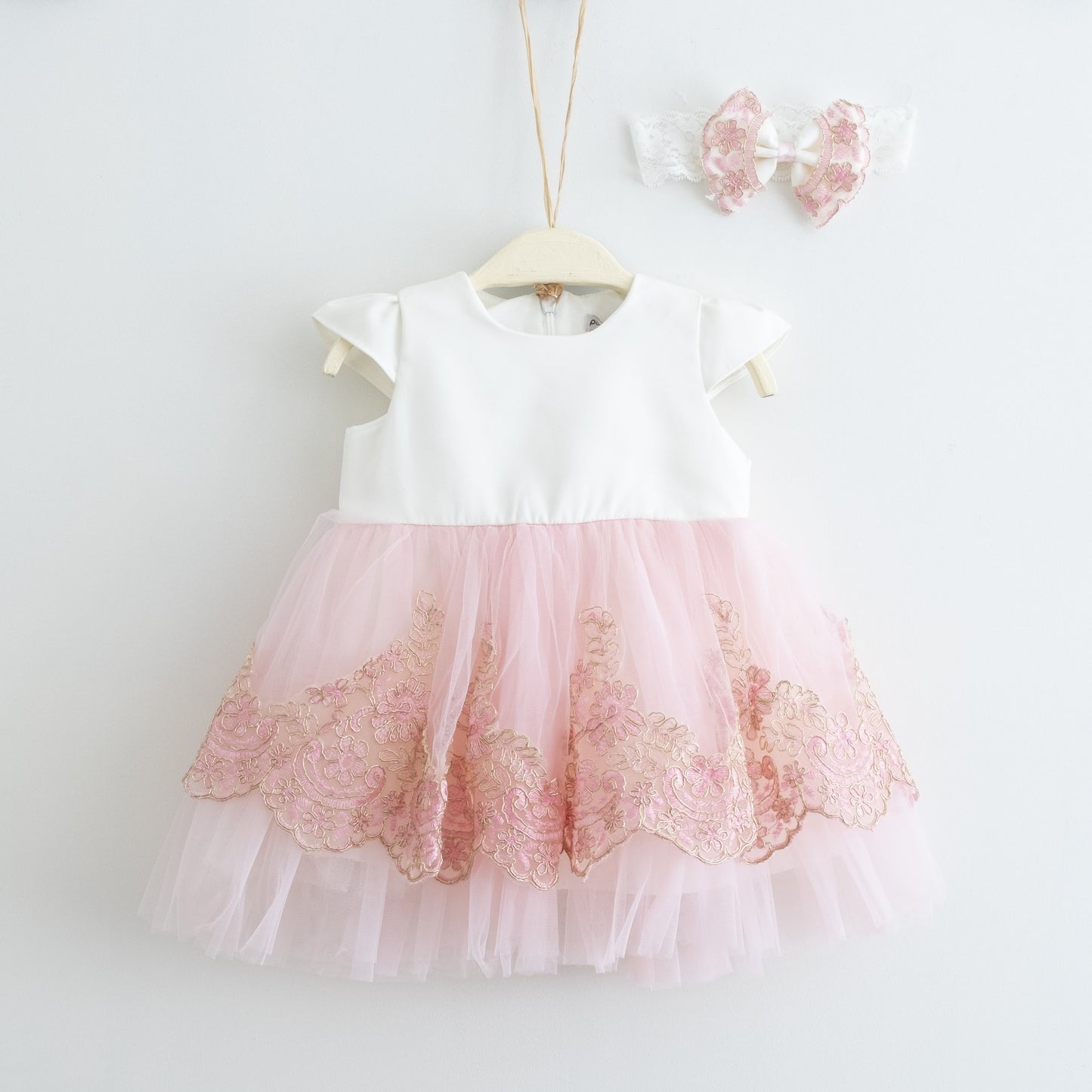 Fancy Pink & Bronze Baby Puffy Lace Detailed Dress Set- Dressy Angels