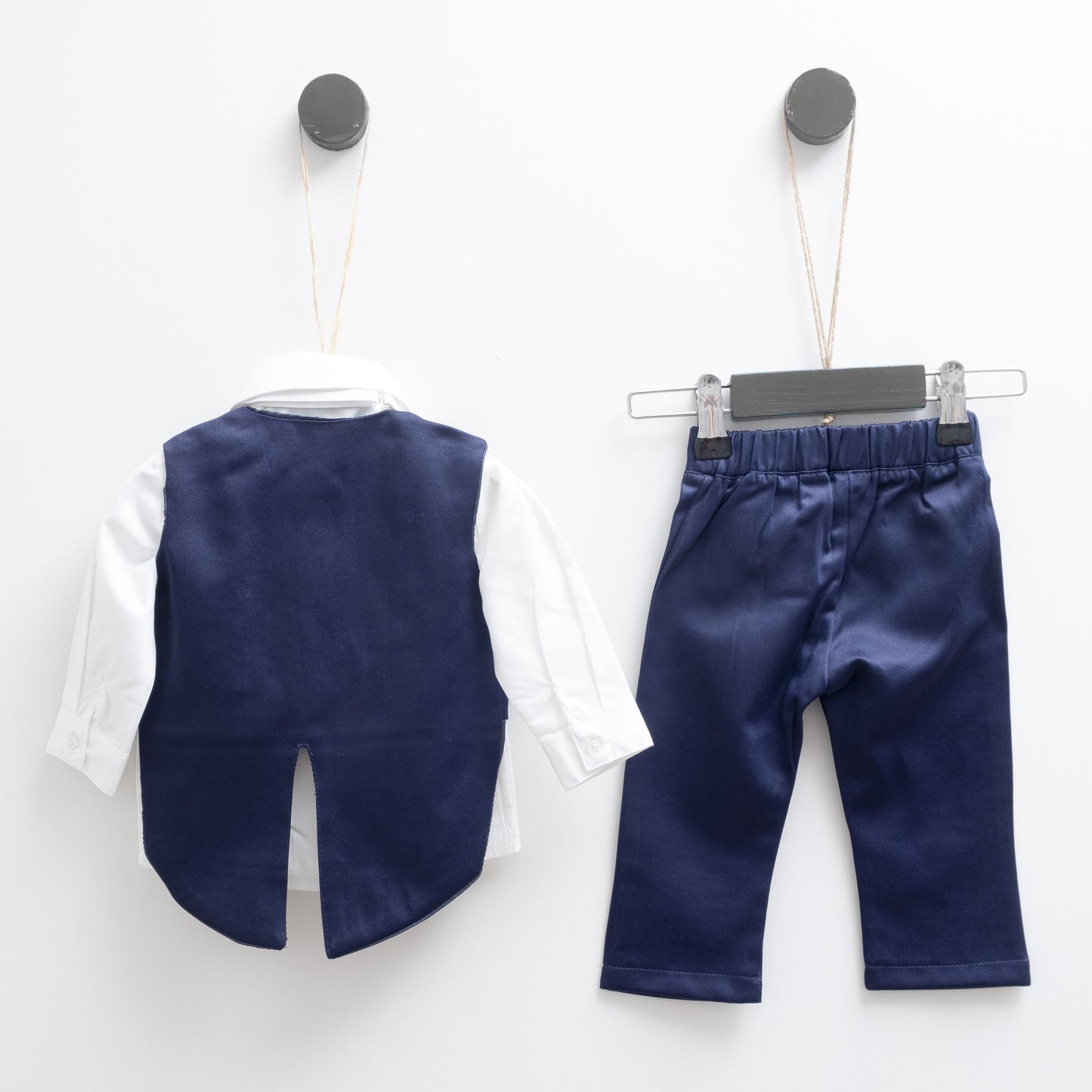 Baby Boy Blue Navy 5-Piece Formal Suit Set Shirt, Vest, Pants, Bow Tie & Shoes - Dressy Angels