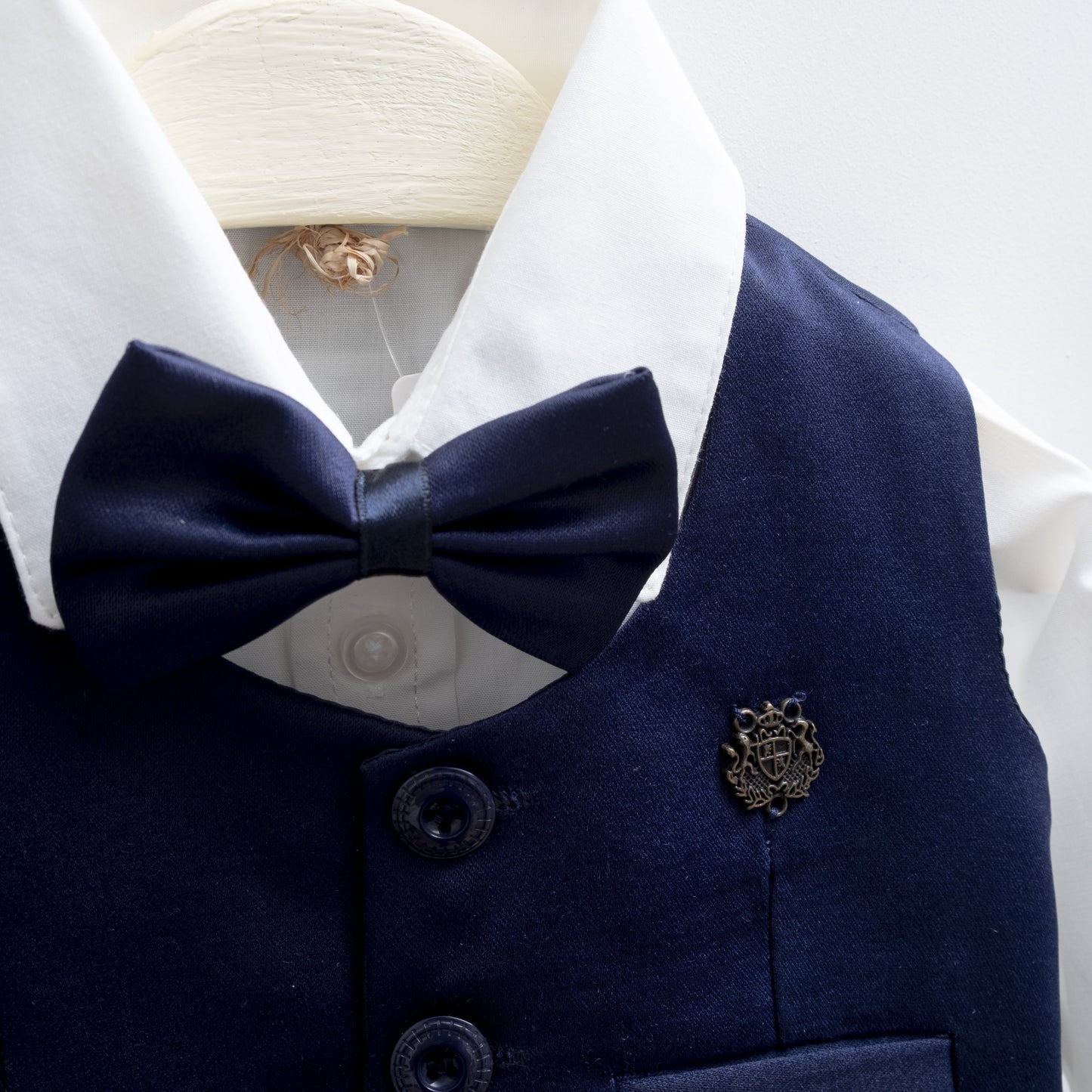 Baby Boy Blue Navy 5-Piece Formal Suit Set Shirt, Vest, Pants, Bow Tie & Shoes - Dressy Angels