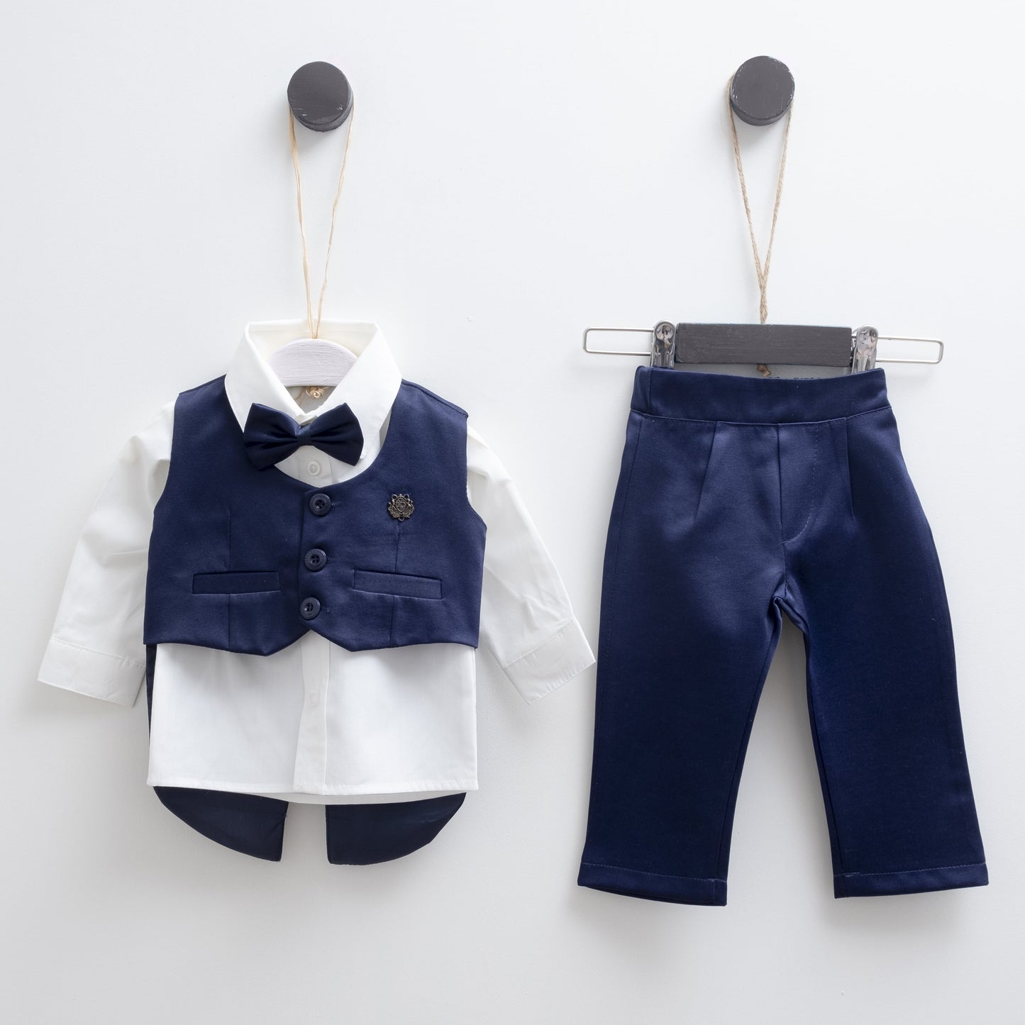 Baby Boy Blue Navy 5-Piece Formal Suit Set Shirt, Vest, Pants, Bow Tie & Shoes - Dressy Angels