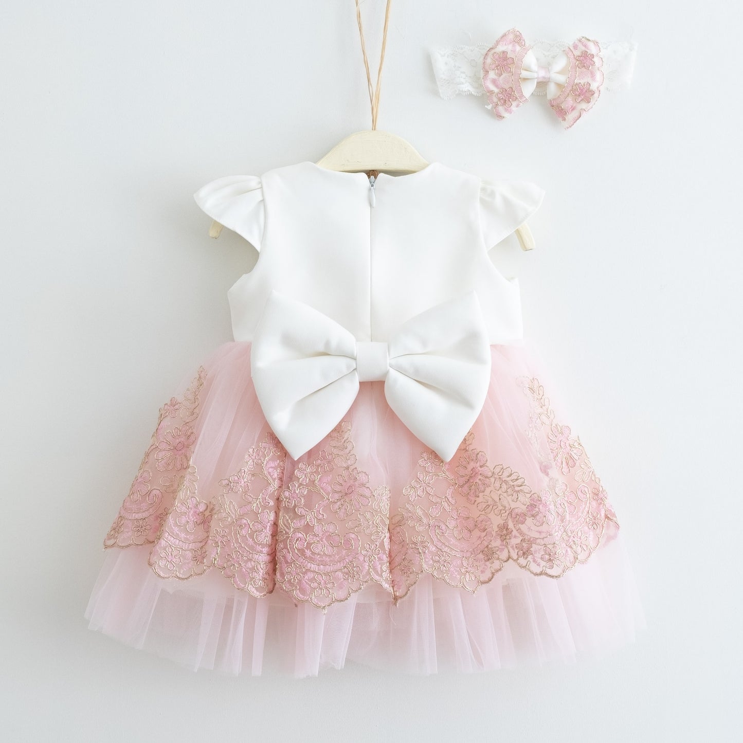 Fancy Pink & Bronze Baby Puffy Lace Detailed Dress Set - Dressy Angels