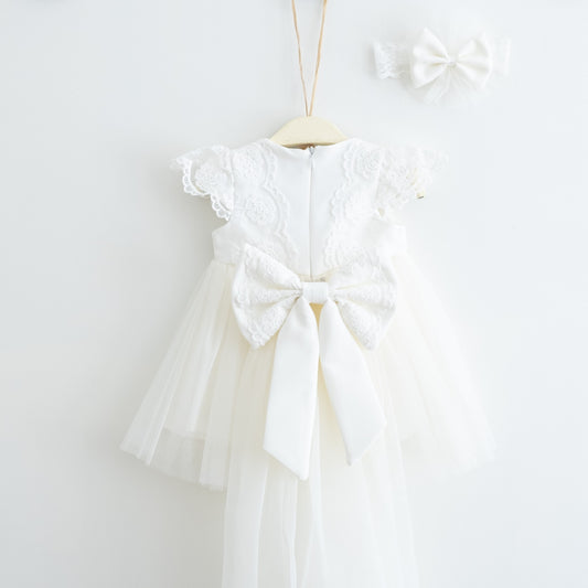 Detailed Classic Bow White Baby Dress Set - Dressy Angels