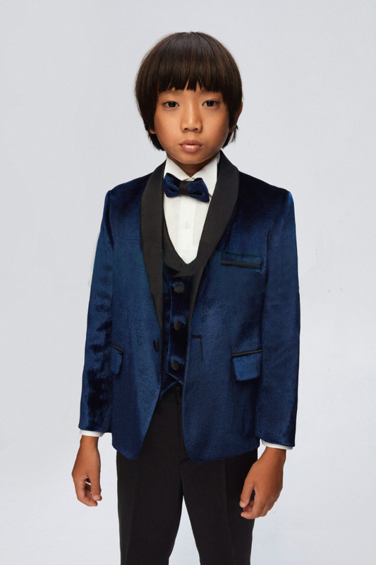 Navy Blue 5-piece Set Velvet Kingsman Boy's Tuxedo Suit - Dressy Angels