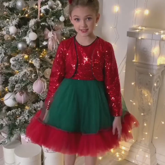 Beautiful Holidays Sparkly Girl Dress Set Red & Green - Christmas Set