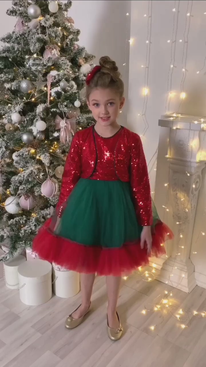 Beautiful Holidays Sparkly Girl Dress Set Red & Green - Christmas Set