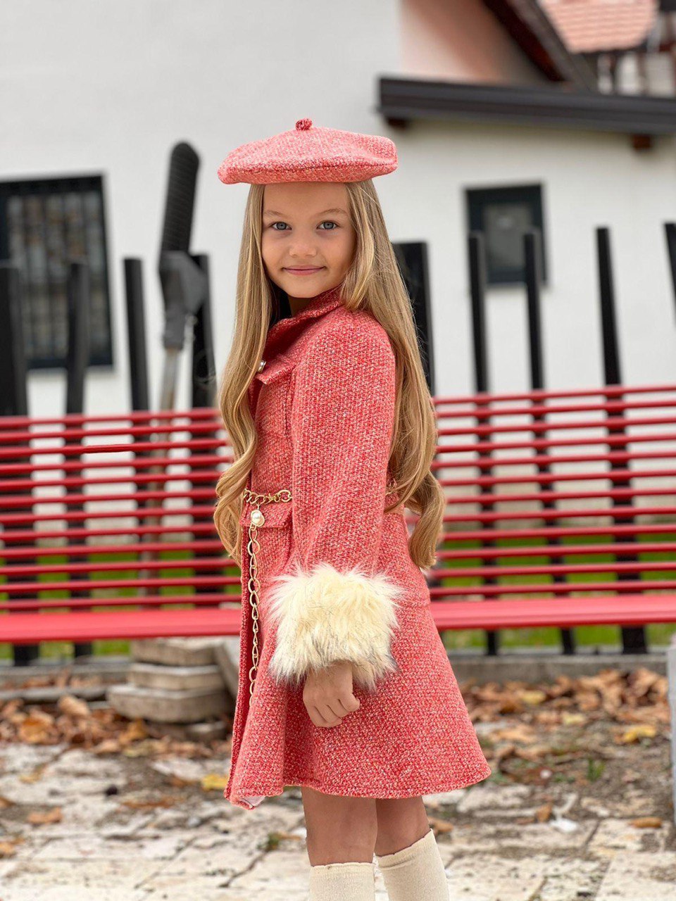 Vintage Woolen Fur Girl Trench Coat 4pcs Set- Dressy Angels