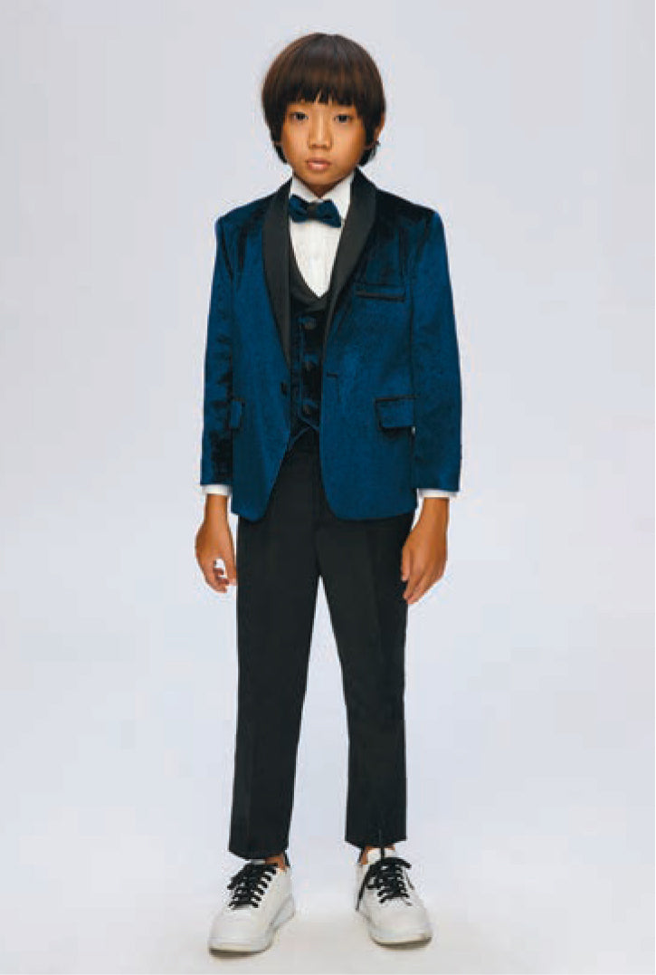 Navy Blue 5-piece Set Velvet Kingsman Boy's Tuxedo Suit - Dressy Angels