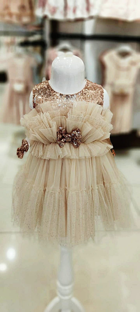 Golden All Sparkly Cute Little Bow Tie Sleeveless Little Girl Dress Set - Dressy Angels