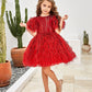 Elegant Feathers Red Puffy Girl Dress Set