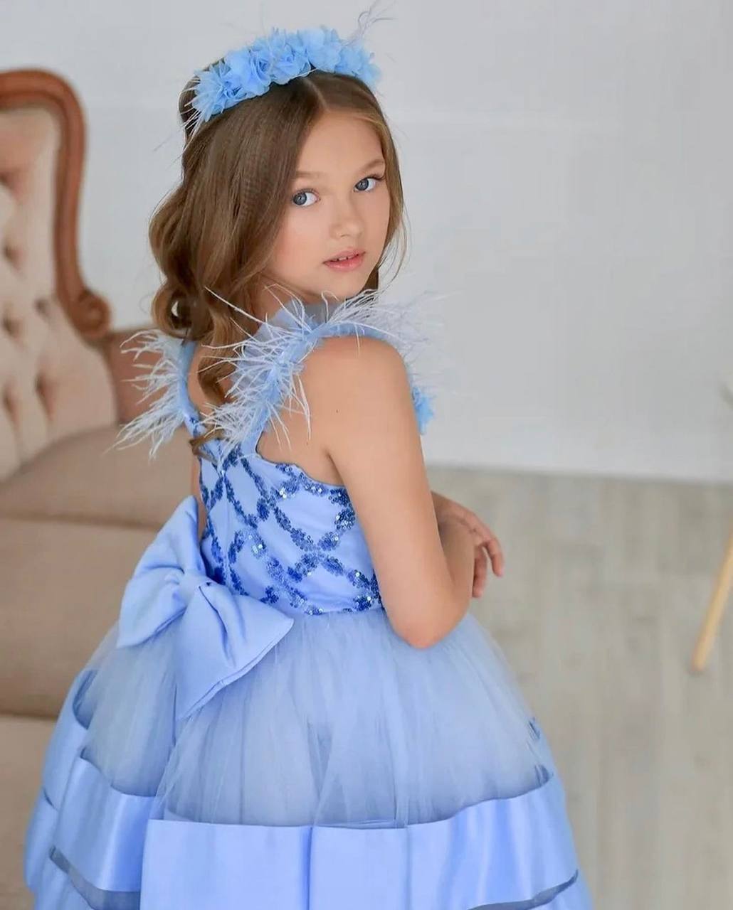 Blue Lustrous Puffy Sleeveless Girl Dress Set