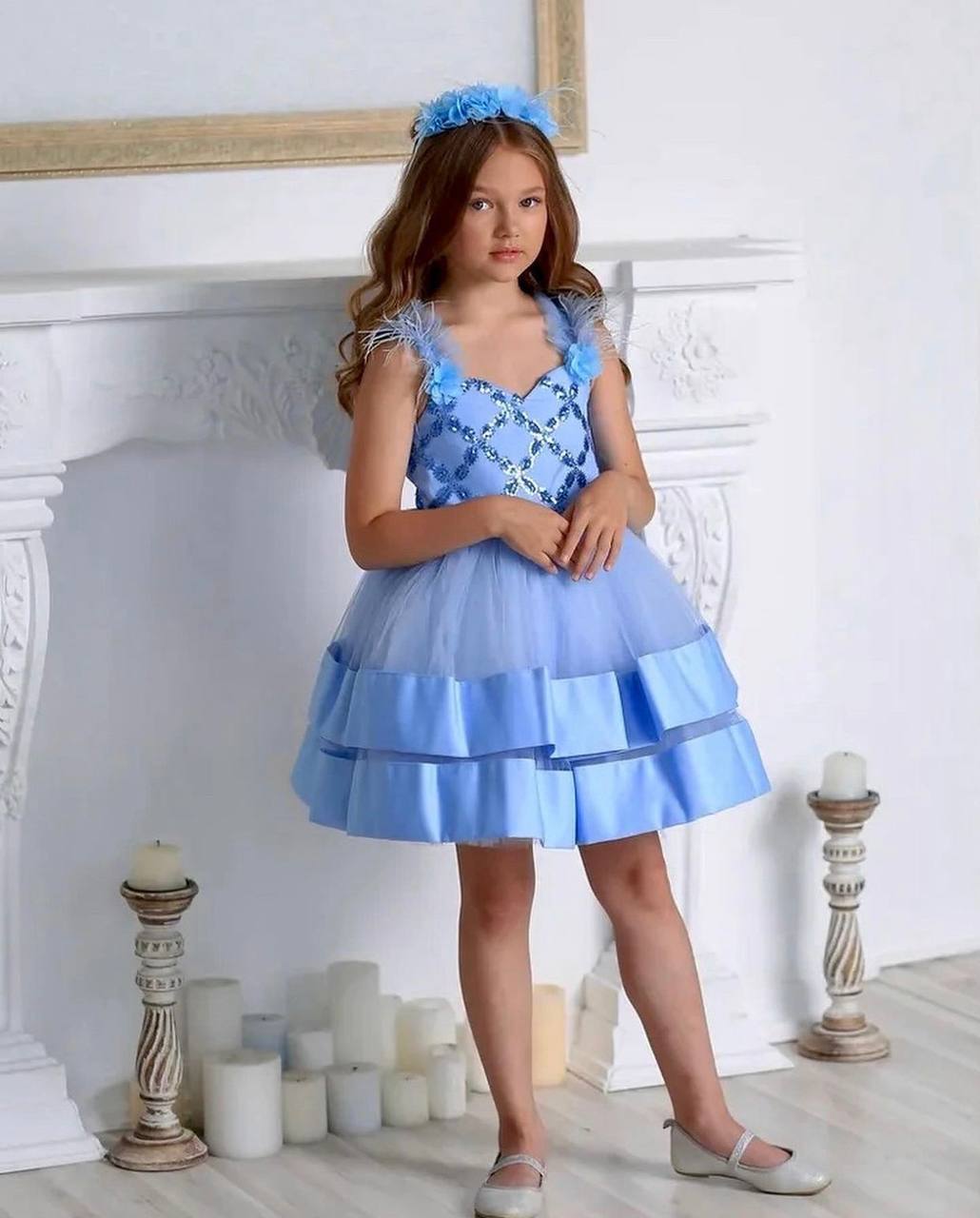 Blue Lustrous Puffy Sleeveless Girl Dress Set