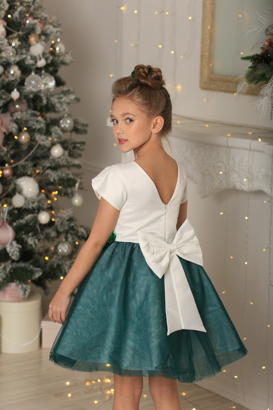 White And Green Classic Floral Girl Dress Set- Dressy Angels