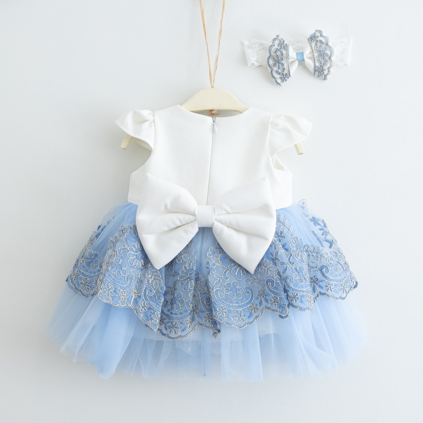 Fancy Blue Baby Puffy Lace Detailed Dress Set- Dressy Angels