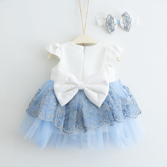 Fancy Blue Baby Puffy Lace Detailed Dress Set- Dressy Angels