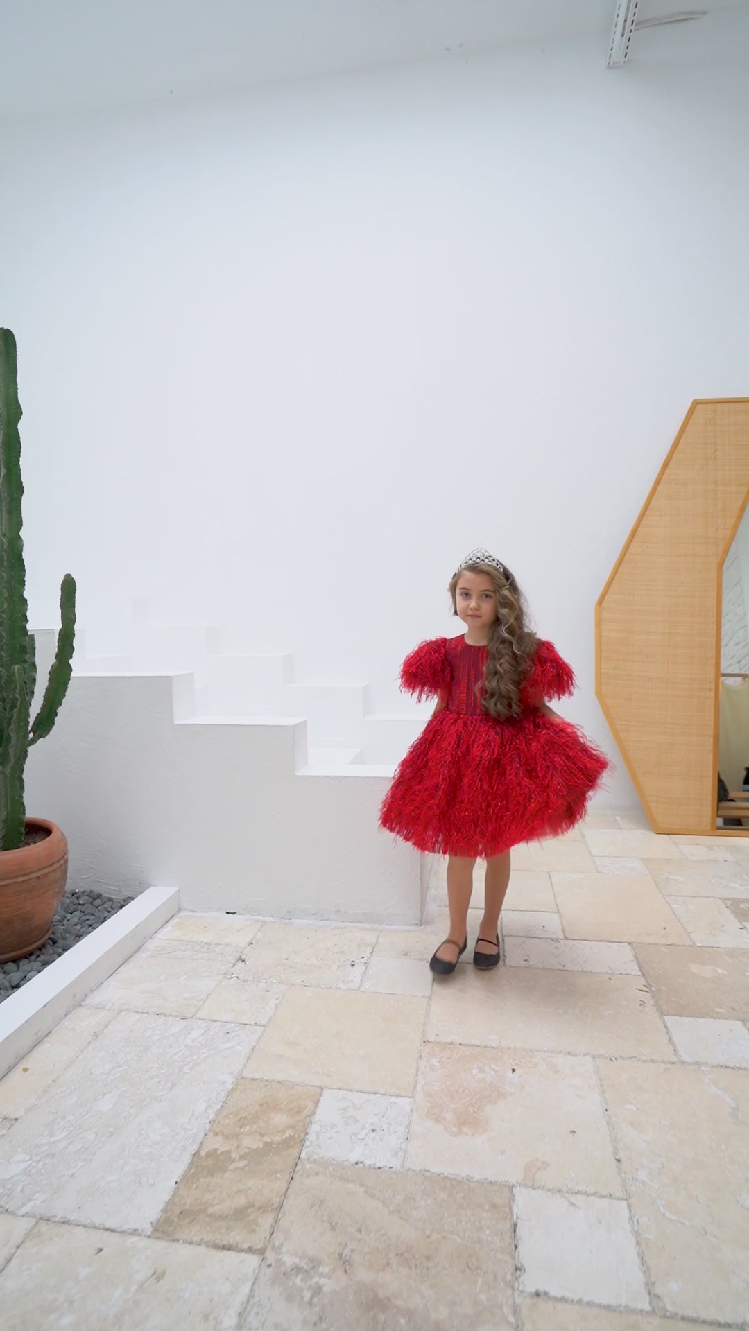 Elegant Feathers Red Puffy Girl Dress Set