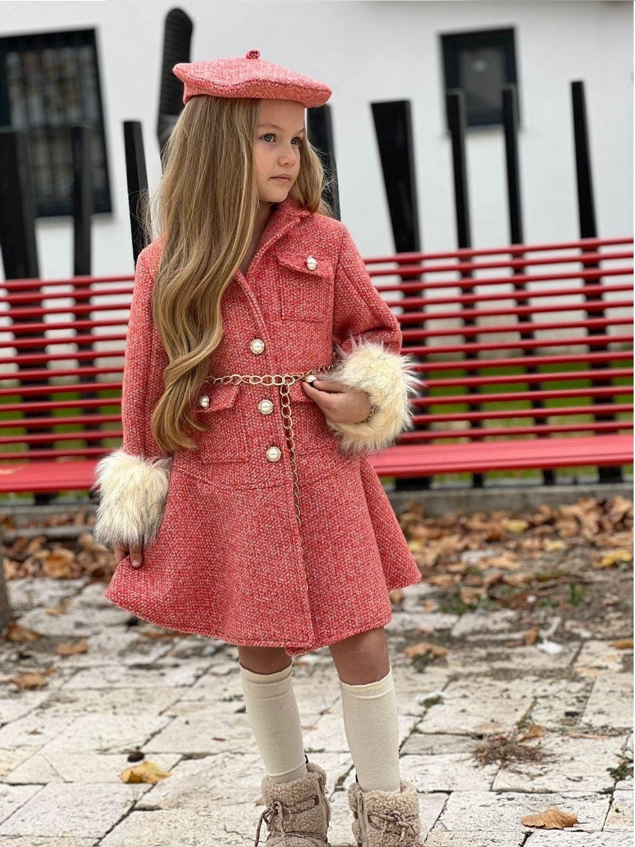 Vintage Fur Woolen Girl Trench Coat 4pcs Set- Dressy Angels